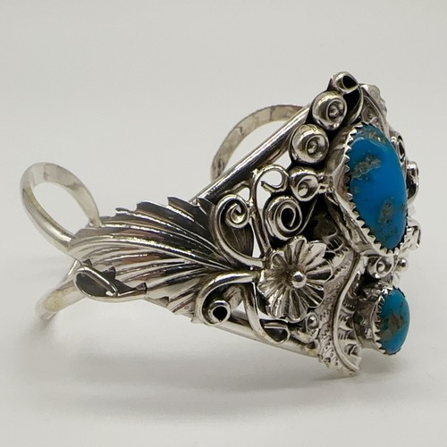 Harry B Yazzie Navajo Sterling Silver Turquoise Floral Cuff Bracelet 29.9g #ygo - Picture 5 of 10