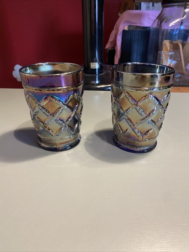 Dugan Grapevine And Lattice Blue Carnival Tumblers (2) Rare! - Picture 6 of 16