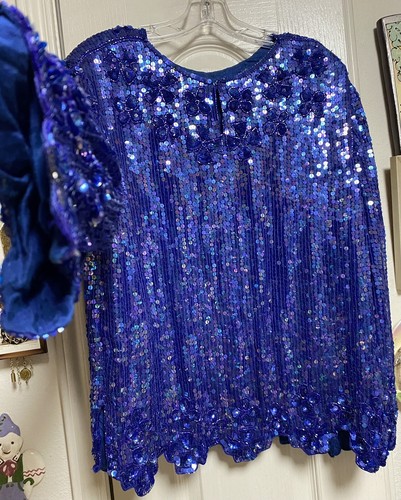 Vintage Cobalt Iridescent Blue Sequined Beaded Mark & John II Dynasty L Top - Bild 21 von 21