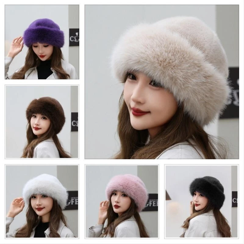 Femme Fausse Fourrure Bonnet Crâne Casquette Brimless Russe Hiver Chaud  Peluche