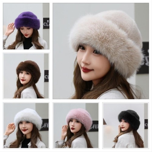 Women Solid Plush Faux Fur Beanie Hat Skull Cap Brimless Fluffy Winter Thermal - Picture 23 of 29