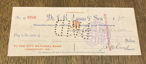 Antique 1912 Bank Check Logansport IND Indiana Dr. JB Lynas City National Bank