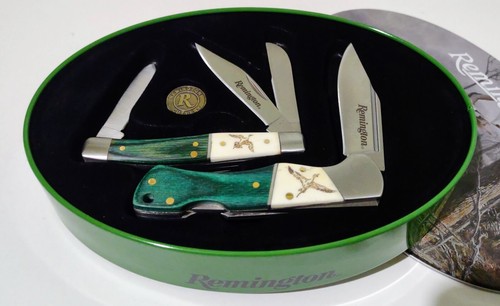 LOT 2 REMINGTON GREEN KNIVES HUNTING POCKET KNIFE SET W/ DISPLAY CASE OVAL !!! - Picture 2 of 7