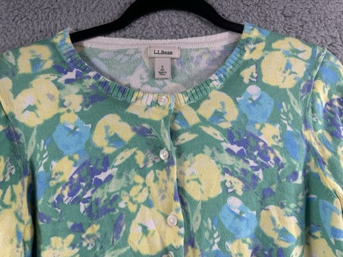 L.L. BEAN 100% Supima Cotton S Damen Strickjacke PULLOVER blau grün gelb geblümt - Bild 3 von 14