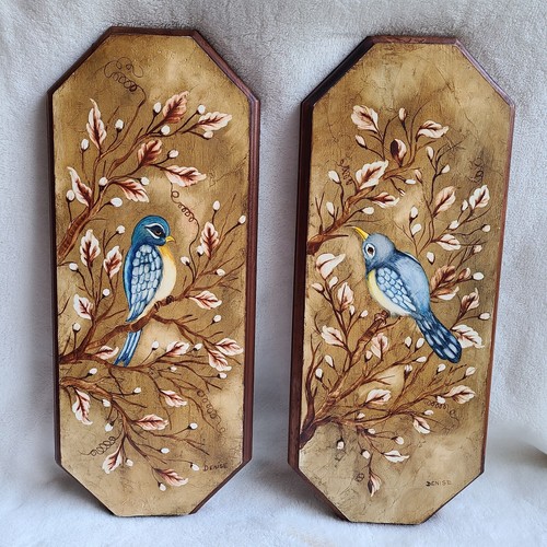 Vintage Handcrafted Wooden Wall Art (2) Plaques Bluebirds Boho Farmhouse Cottage