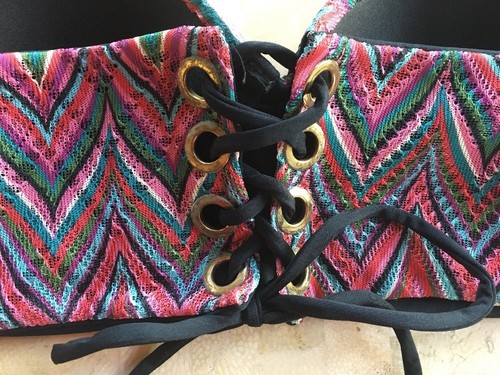 BEACH BUNNY BRONZE ZIG ZAG RUFFLE BRAZILIAN TANGO THONG BATHING SUITE SZ S 2 PC - Picture 8 of 11