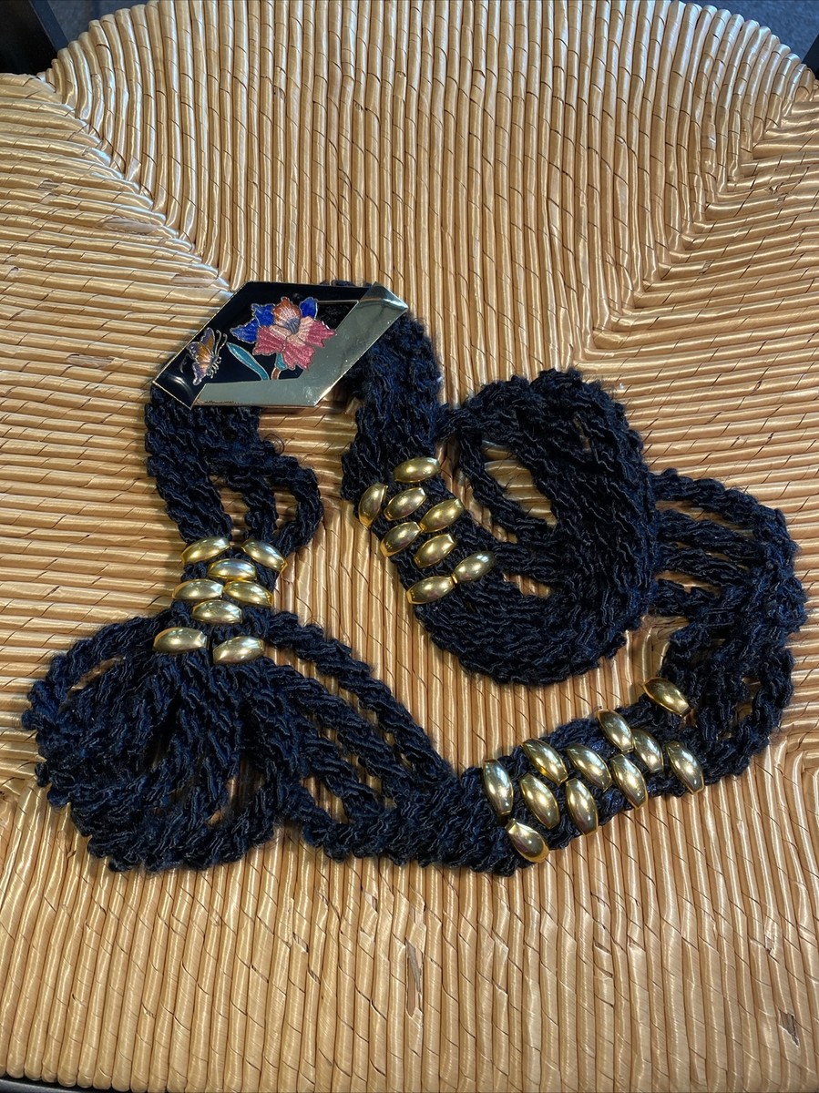 VINTAGE Stretch Silk Rope Black BELT FLORAL Butterfly Gold  display picture 1