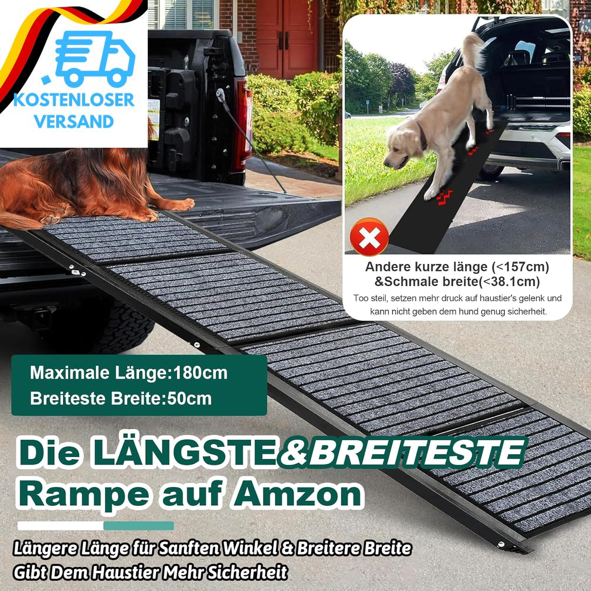 180cm Klappbare Hunderampe Auto Mit Rutschfestem Teppich - Fr SUV LKW Hunde
