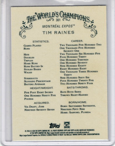 2020 Topps Allen & Ginter's X - Tim Raines #301 Short Print - Picture 2 of 2