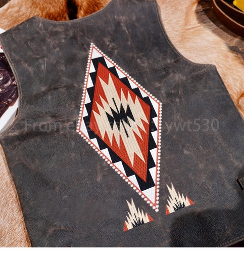 American Vintage Navajo Embroidered Cowhide Vintage Classic Men's Leather Vest - Picture 7 of 14