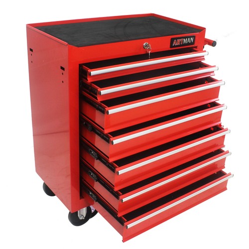 7 Drawer Multifunctional Tool Cart with Wheels Lockable Red Mobile Storage - Picture 2 of 8