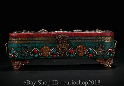 10 " Old Tibet Buddhism Bronze Inlay Turquoise Gem eight treasures Jewelry Box - Picture 1 of 9