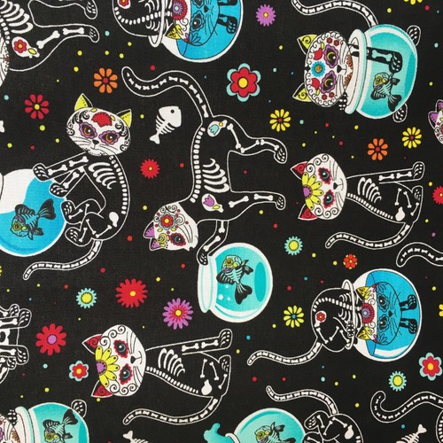 Cotton fabric sugar skull dogs cats skeletons pets black bones craft quilting - Picture 13 of 36