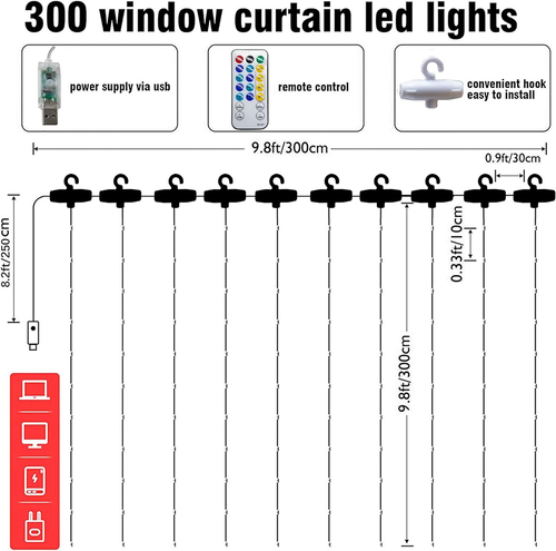 Curtain String Lights, 300 LED 9.8Ft X 9.8Ft 8 Lighting Modes Fairy Lights USB P - Picture 2 of 12