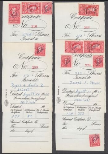 US 1960 SHARE CERTIFICATES WITH DOCUMENTARY STAMPS (x4) REVENUES (ID:265/D60223)