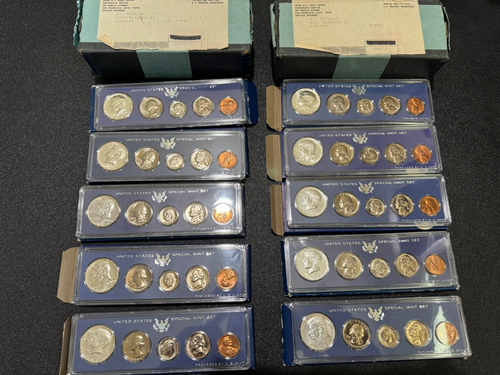 (10) Set SMS argento 1967 US Mint, in TUTTE LE CONDIZIONI ORIGINALI, TUTTE LE SCATOLE ORIGINALI E SCATOLA DI SPEDIZIONE!