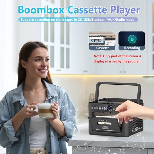 Portable CD Player Boombox Rechargeable Bluetooth Cassette FM Radio USB Music - Picture 3 of 7