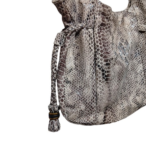Elliott Lucca Shoulder Bag Leather Gray Cream Snakeskin Large Hobo Tassel Detail - Picture 15 of 18
