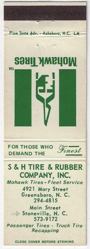 S&H Tire & Rubber Company Stoneville NC Mohawk Tires Empty Matchcover
