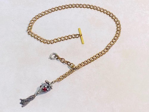 Vintage Gold Filled Curb Link T Bar Pocket Watch Chain W/ FOB ~ 19.8g ~ 3-H1144 - Picture 2 of 5