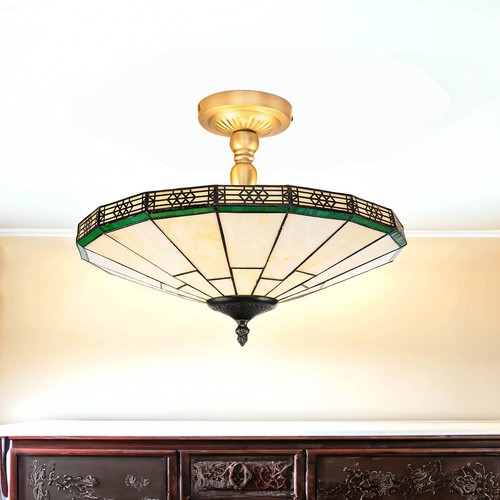 Deckenleuchte im Tiffany Stil Glas grün weiß in Messing Antik Deckenlampe Lampe