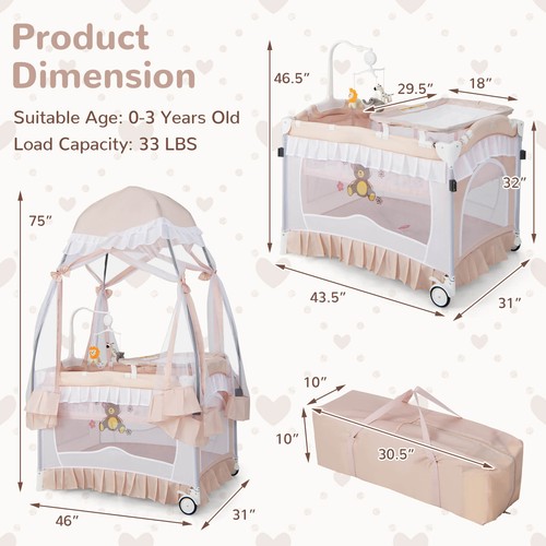 Portable Baby Playpen Crib Cradle Bassinet Changing Pad Mosquito Net Toys w Bag - Picture 2 of 10