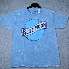 BLUE MOON BEER SHIRT Mens Blue Medium Bleach Dye CASUAL Brew Outdoors Retro NWT