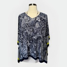 Susan Graver Kimono Top Women  s Size 2X Paisley  Stripes Blue White Green Boho