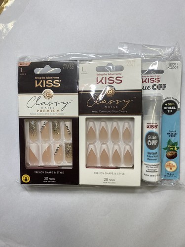 Kiss Double CLASSY French Nail Set W/ Glue OFF Glue Remover LONG SQUARE/COFFIN