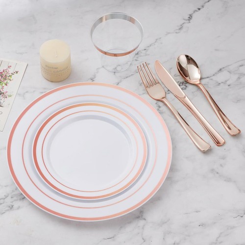 600PCS Plastic Dinnerware Set (100 Guests),Rose Gold Disposable Plates for Party - Picture 4 of 6