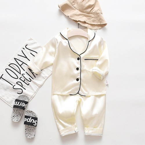Kinder Jungen Mädchen Langarm Satin Pyjama Set Button Down Zweiteiler Nachtwäsche - Bild 15 von 24