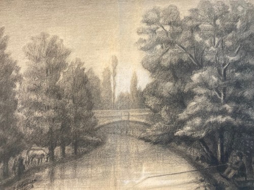 Très Beau Dessin Craie Grasse Fusain Rivière Pêche Pêcheur 1928 Art Brut Ancien