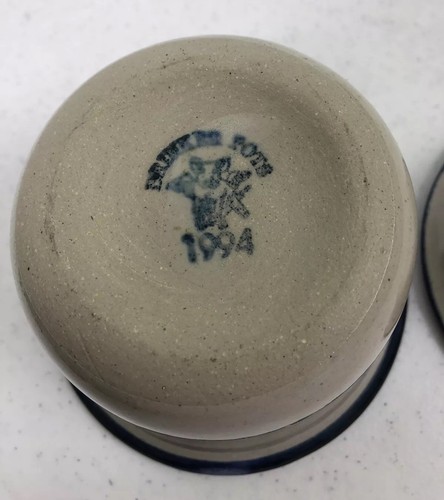 Brinker Pots Pottery Butter Dip Crock 2 Piece Blue Heart Pattern Stamped Dated - Picture 5 of 9