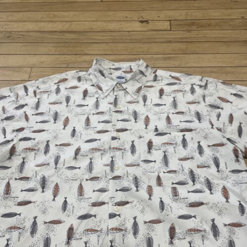 Old Navy Camp Button Shirt Men L Geometric Fish Cream Orange Print Point Collar - Picture 4 of 21