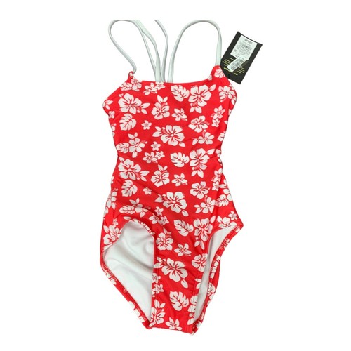 New Art Class Girls Large (10/12) Tropical Red White Floral 1PC Swim Swimsuit - Picture 1 of 3