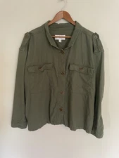 Time And Tru Linen Blend Boxy Fit Button Up Army Green Shirt. Size XL. Boho.