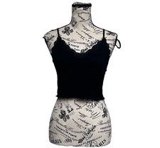 Bozzolo Lace Trim Black Ribbed Crop Top Cami Goth Grunge Moto Biker Boho Witch M