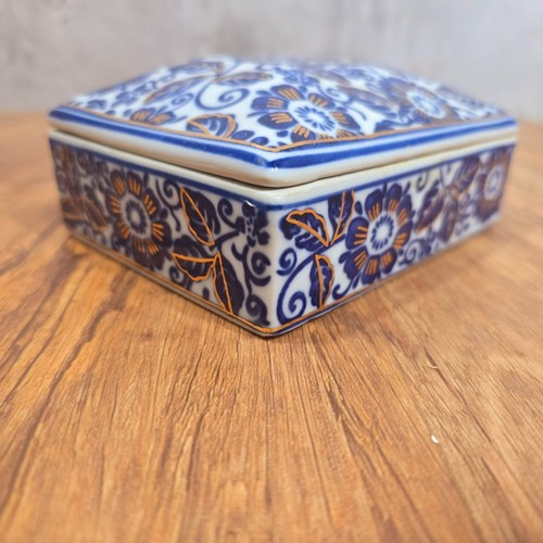Vintage rechteckig Keramik blau & weiß vergoldet dekorativ Deckel Schmuck Schale - Bild 8 von 15