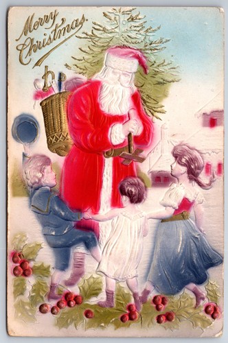 Weihnachten Weihnachtsmann~Baum & Spielzeug~Kinder tanzen~gold rot blau grün Airbrush~Prägung