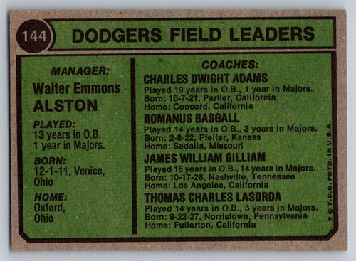 1974 Topps Dodgers Field Leaders (Alston/Lasorda/Gilliam/Adams/Basgall) #144 - Picture 2 of 2
