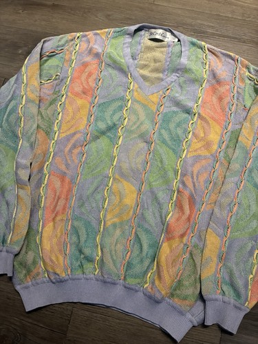 Vintage St Croix 3D Knit Sweater Mens L Biggie Coogi Cosby Style Blue Geometric - Picture 2 of 7