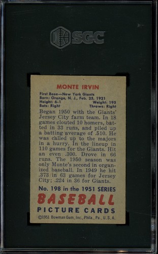 1951 Bowman #198 Monte Irvin RC Rookie SGC 4.5 HOF - Picture 2 of 2