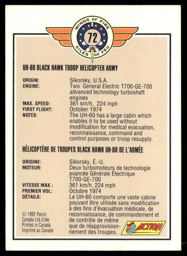 1992 Panini Ali di Fuoco #72 UH-60 Black Hawk Truppa Elicottero Esercito - Foto 2 di 2