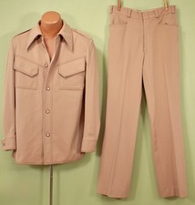Men's VTG 70s Tan 2 PC Leisure Suit Sz 42 L 1970s Polyester Disco