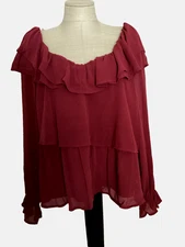 TIME AND TRU Burgundy Ruffled Tiered Chiffon Long Sleeve Blouse Sz 3XL*
