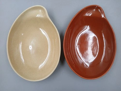 Pair of Vintage Eva Zeisel Red Wing Beige & Brown Ceramic Comma Plates, 10 7/8"