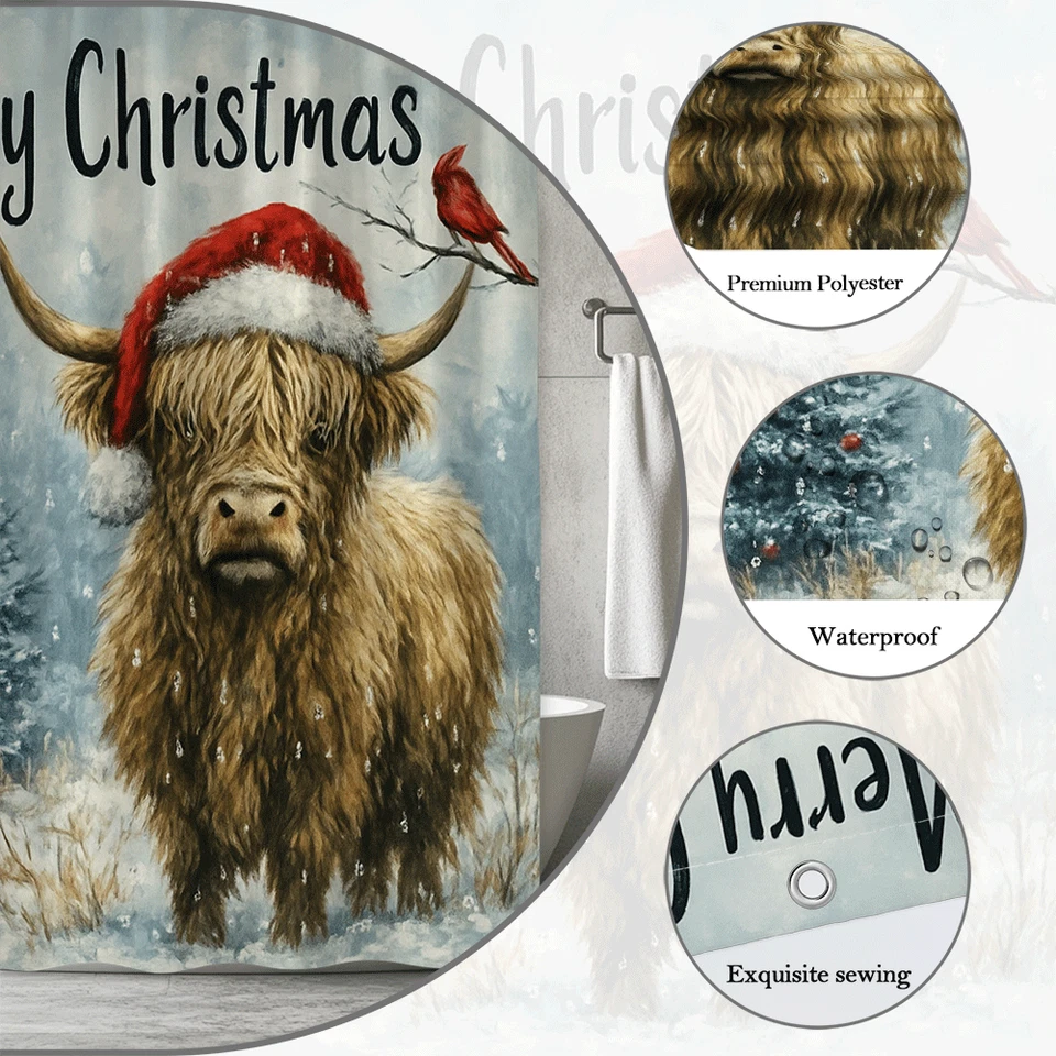 Cortina de ducha Feliz Navidad con vaca Highland y árbol nevado Foto 2 de 4