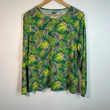 Lands End Womens XL Tropical Palm Leaf Print Long Sleeve Swim Tee Rash Guard