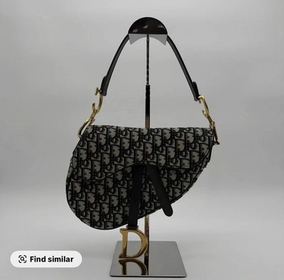 Dior Medium Saddle Bag Gray/Navy Monogram Gold Hardware Flap Detach Strap