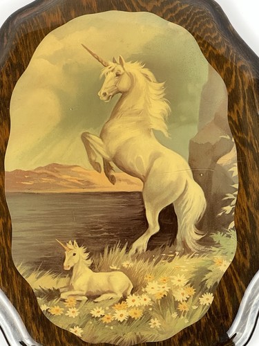 Vintage 80's Unicorn & Baby Lacquered Hard Wood Decoupage 12”x 9”Wall Art Plaque - Picture 2 of 7